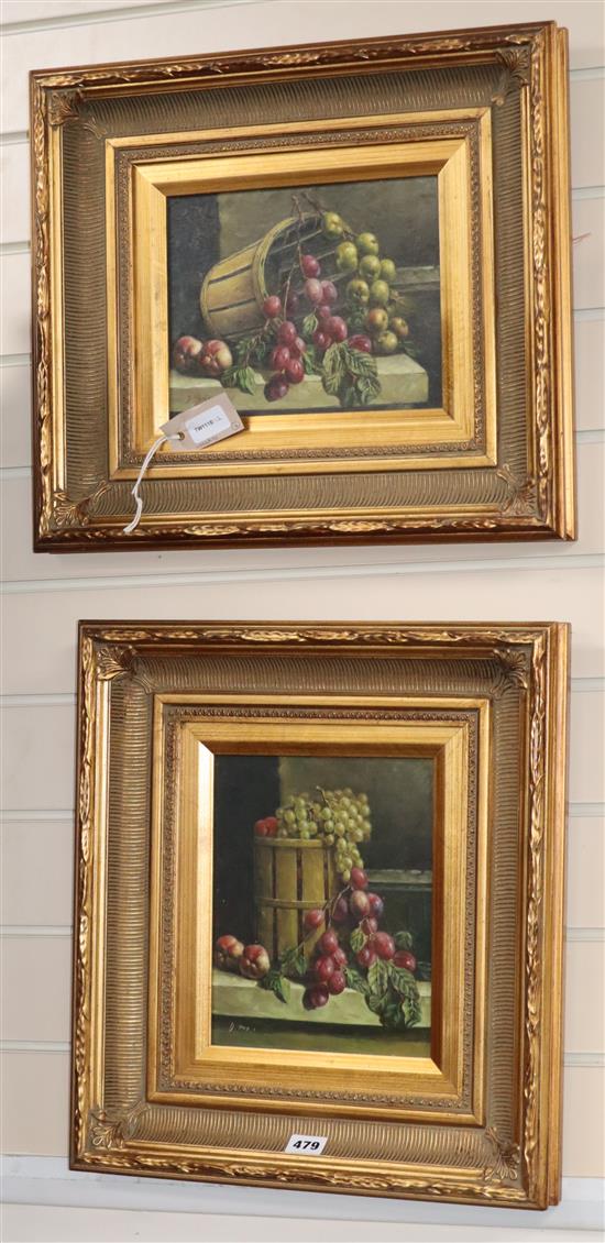D Mazia (20th century), oil on board, still life of grapes on a ledge, signed, 24 x 19cm and companion piece, 19 x 24cm